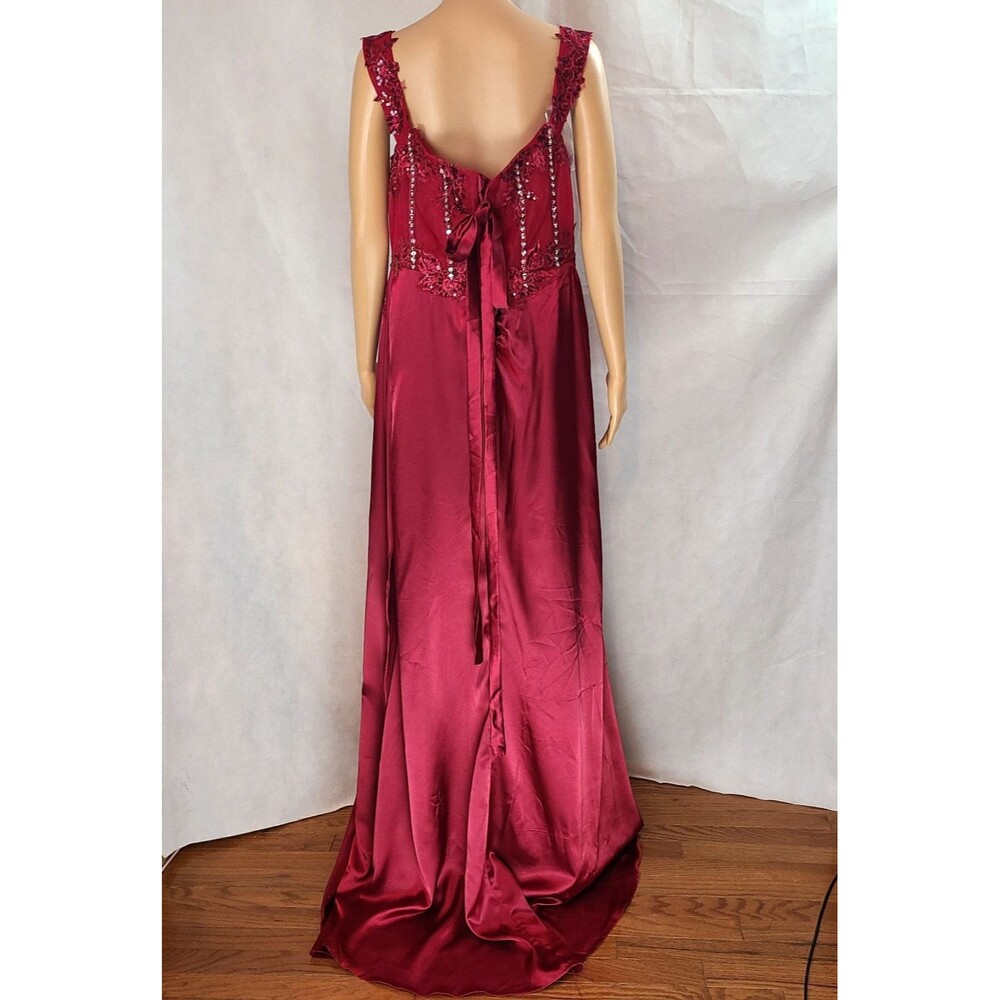 New Prom (18W) Burgundy Lace/Satin Sequin Off Shoulder Rouched High Slit Dress - Picture 7 of 14